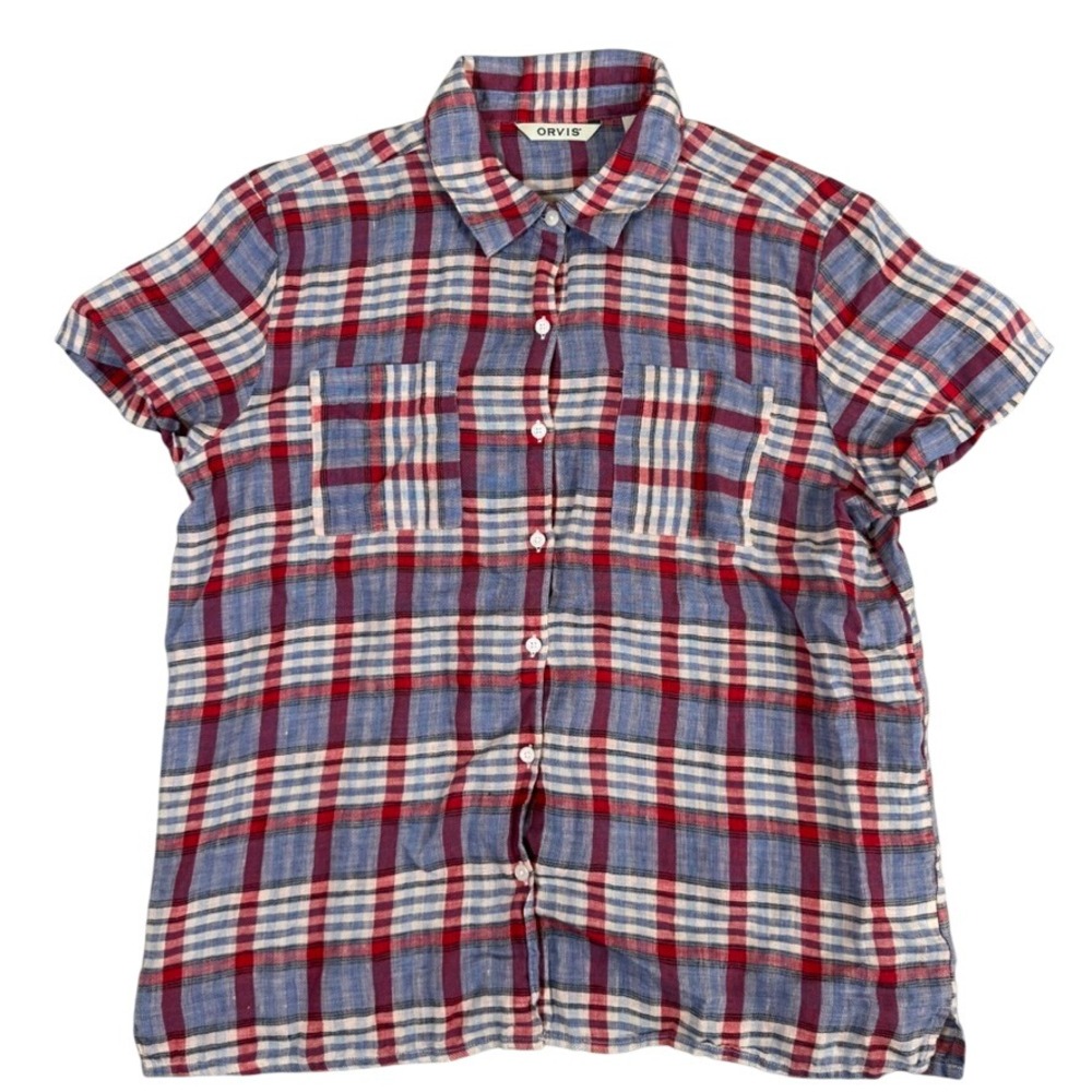 Orvis Womens Linen Red Plaid Short Sleeve Button Up Shirt Size Large Pockets